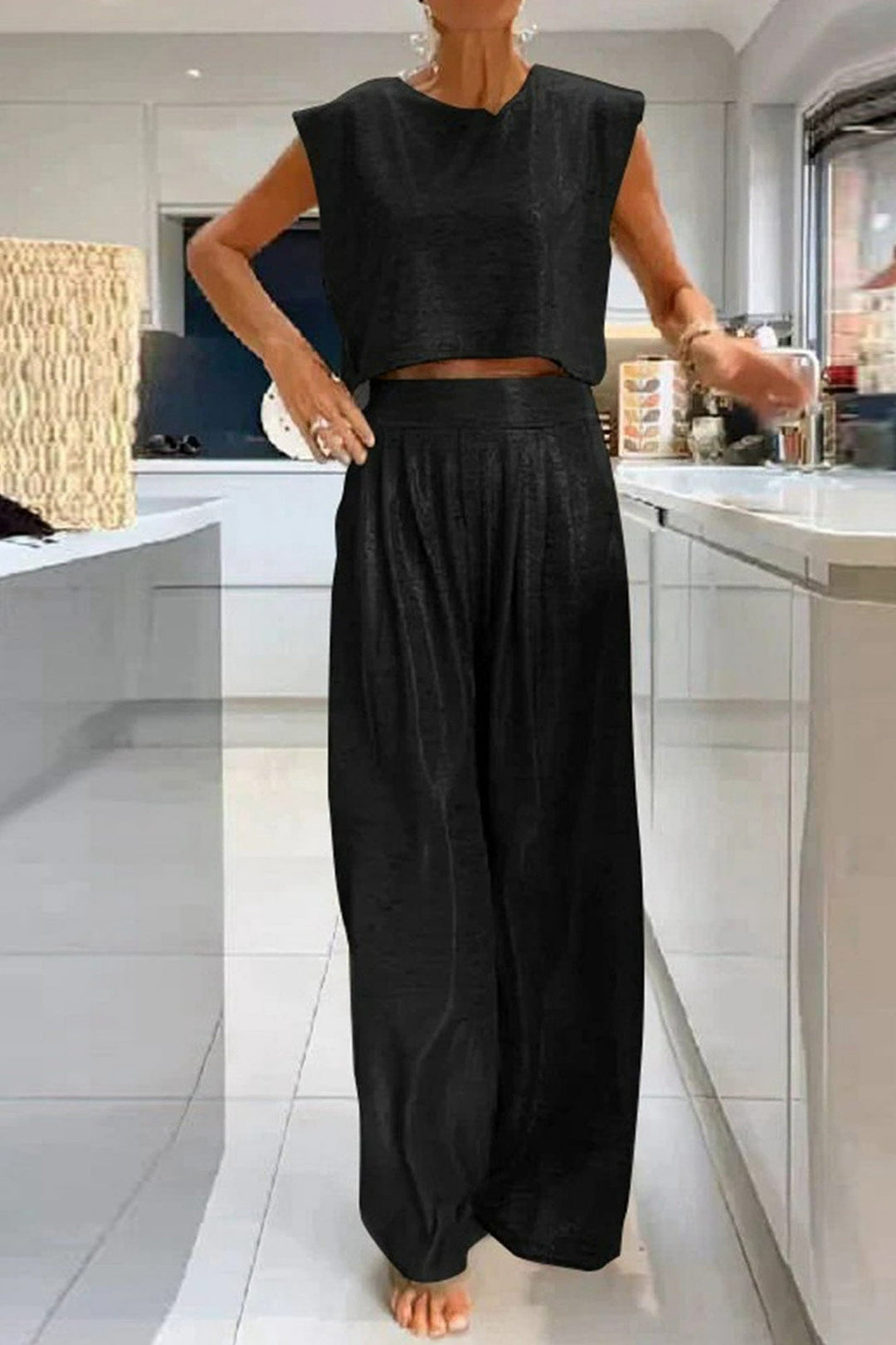 Glossy Vest Wide Leg Pants Set