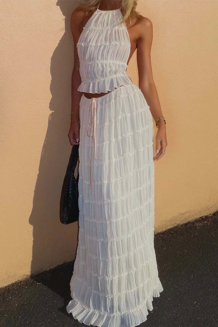 Halterneck Backless Pleated Tiered Skirt Two-piece Set