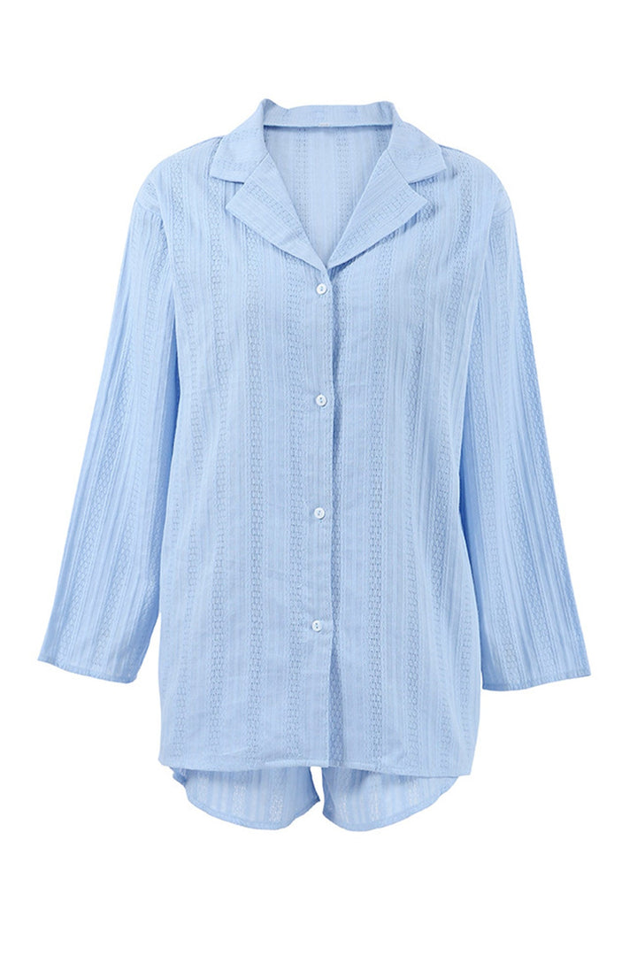 Jacquard Cotton Long Sleeve Shirt Slit Shorts Set