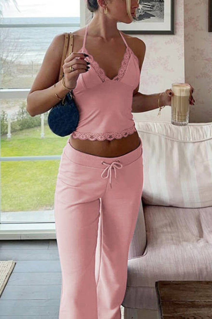 Lace Halterneck Vest Flares Long Pants Suits