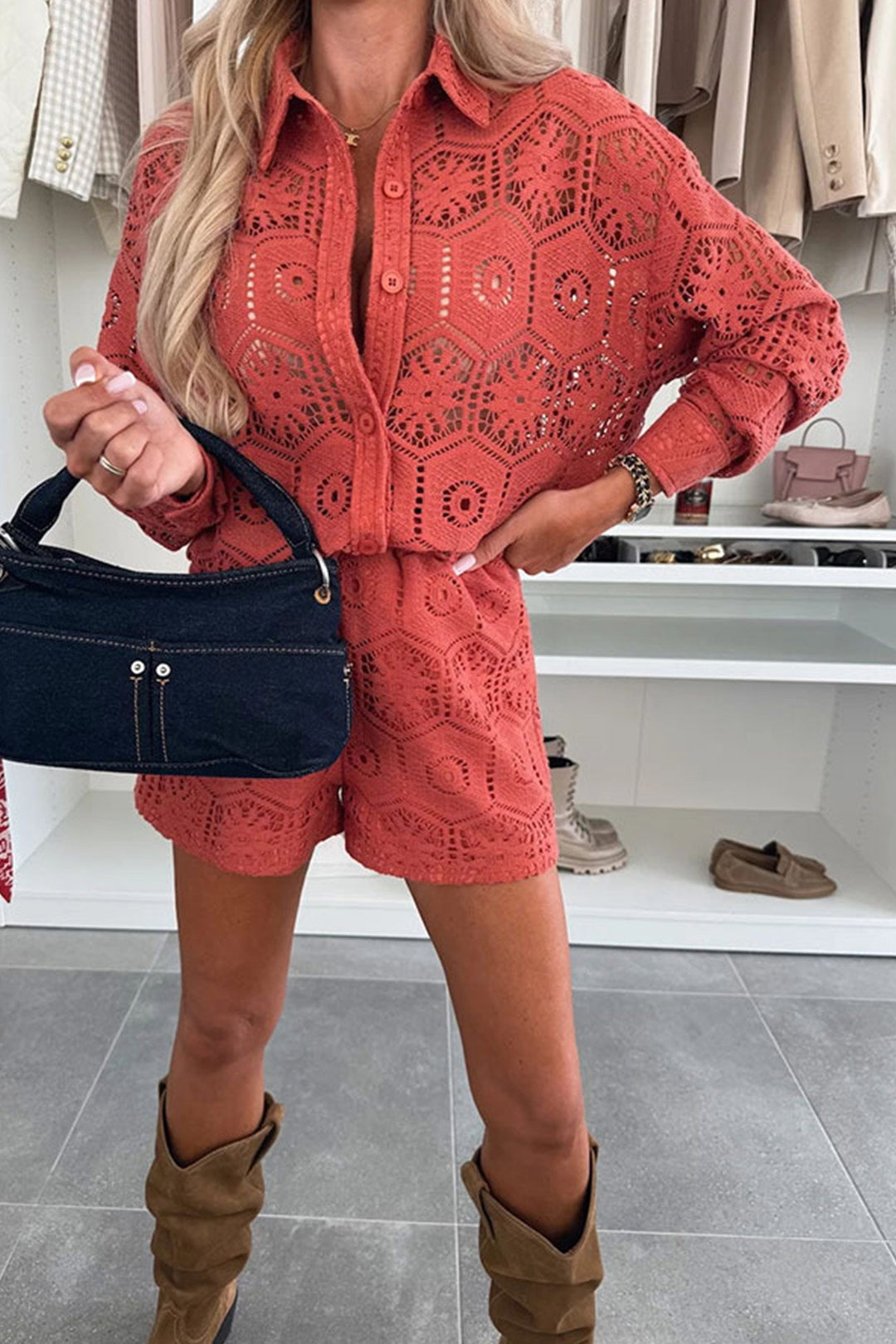 Lace Long Sleeve Blouse Two-piece Shorts Set