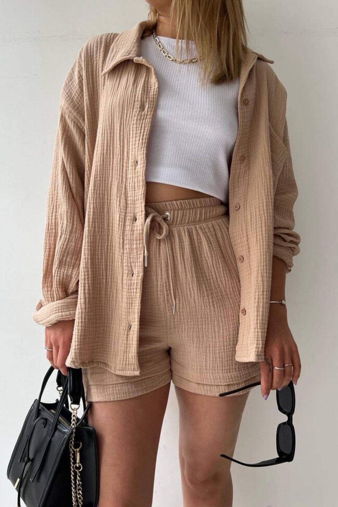 Long Sleeve Solid Color Shirt Shorts Set