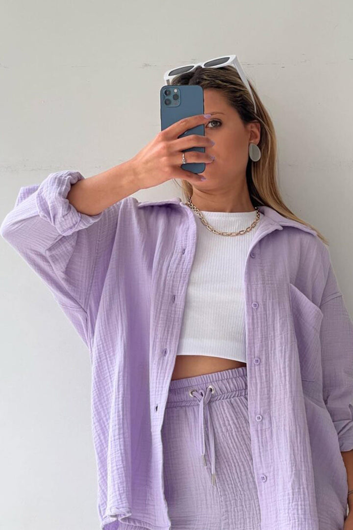 Long Sleeve Solid Color Shirt Shorts Set