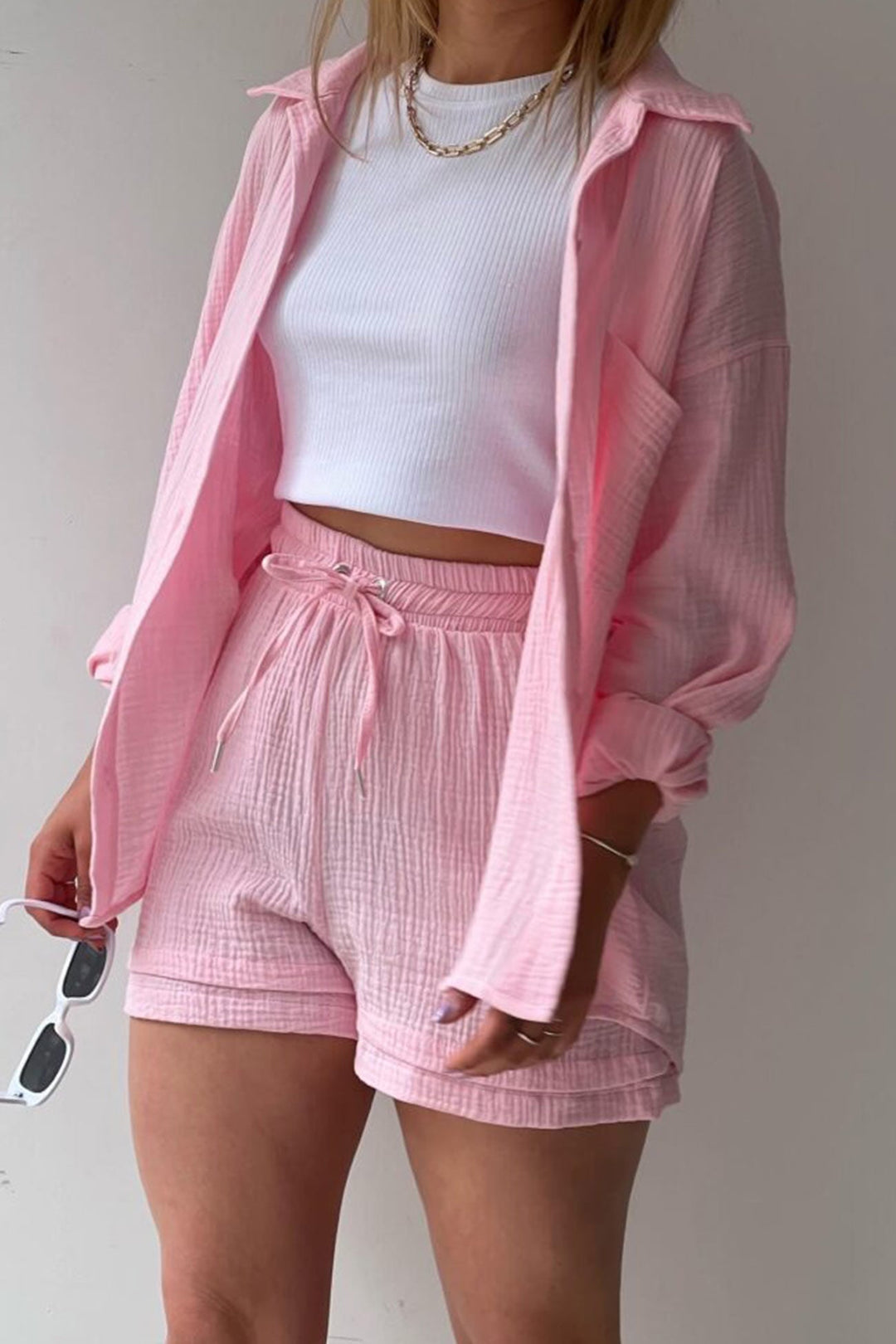 Long Sleeve Solid Color Shirt Shorts Set