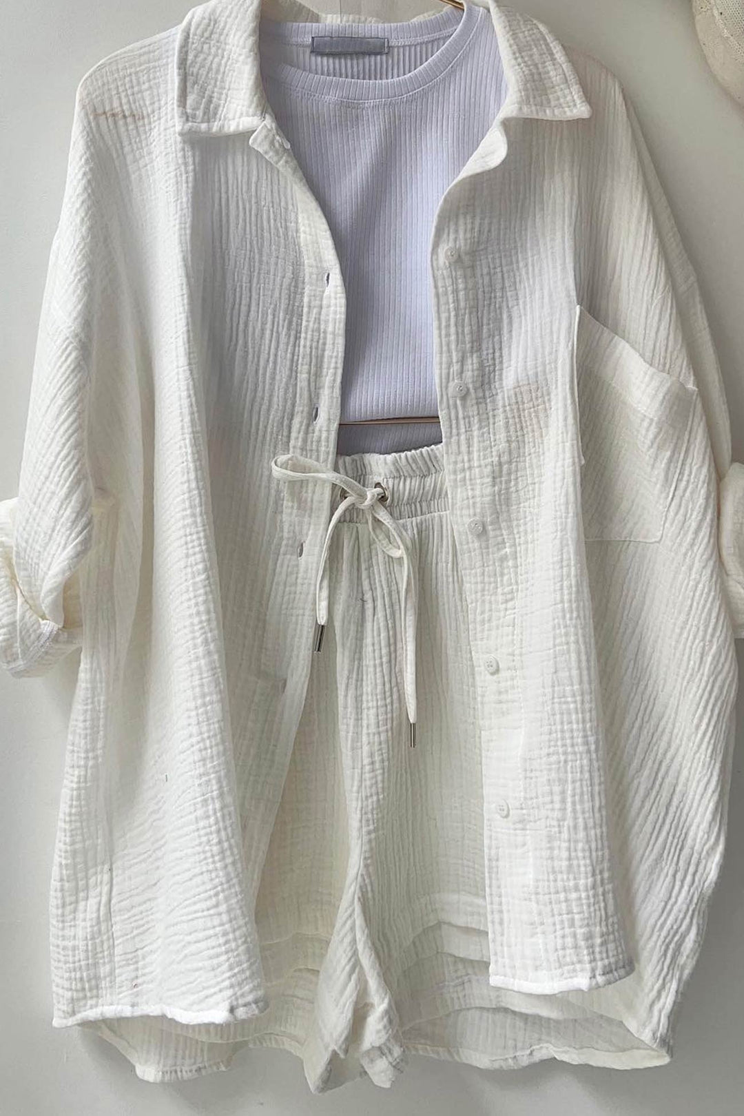 Long Sleeve Solid Color Shirt Shorts Set
