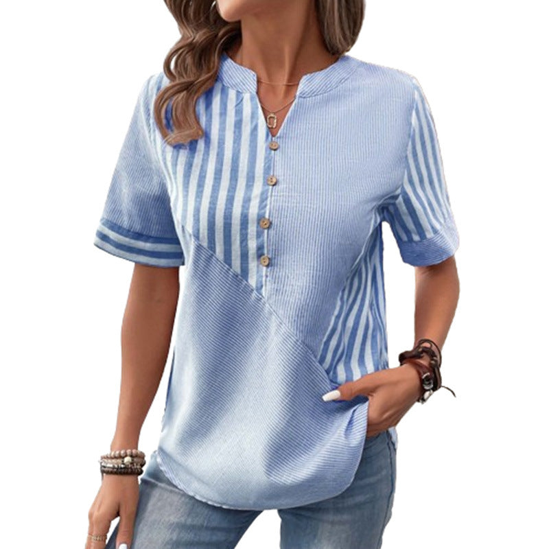 Women's Fashion V-neck Asymmetric Stripes Patchwork Top