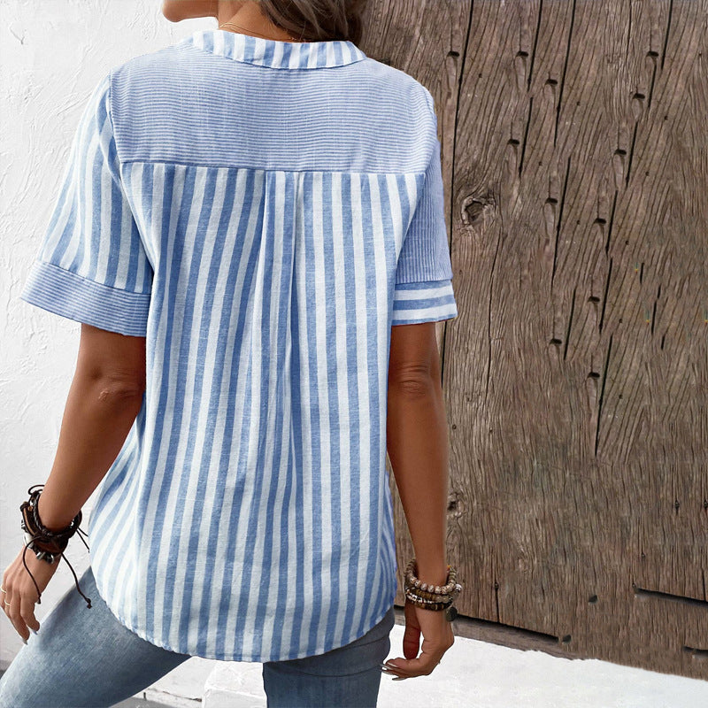 Women's Fashion V-neck Asymmetric Stripes Patchwork Top