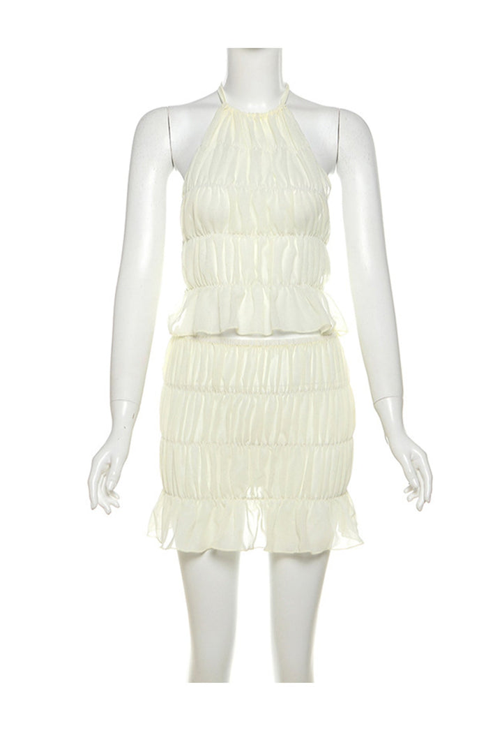 Pleated Halter Backless Vest Skirt Set