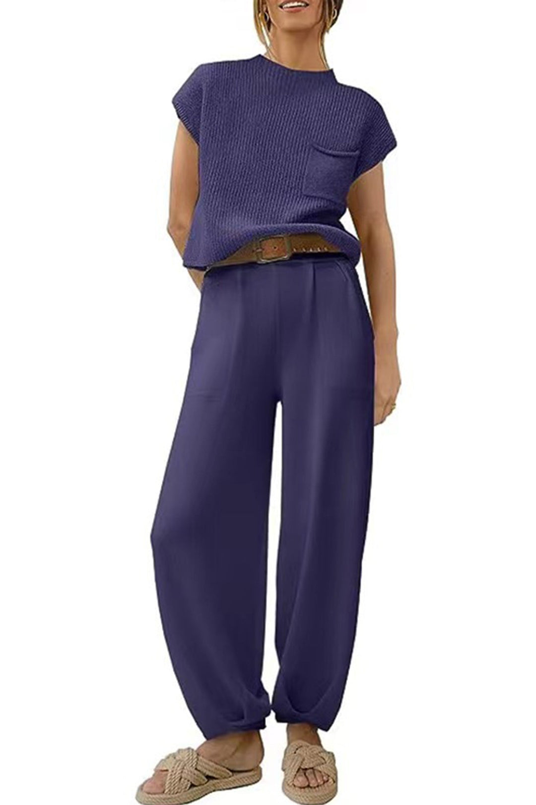 Ribbed Mock Neck T-shirt Pants Suits