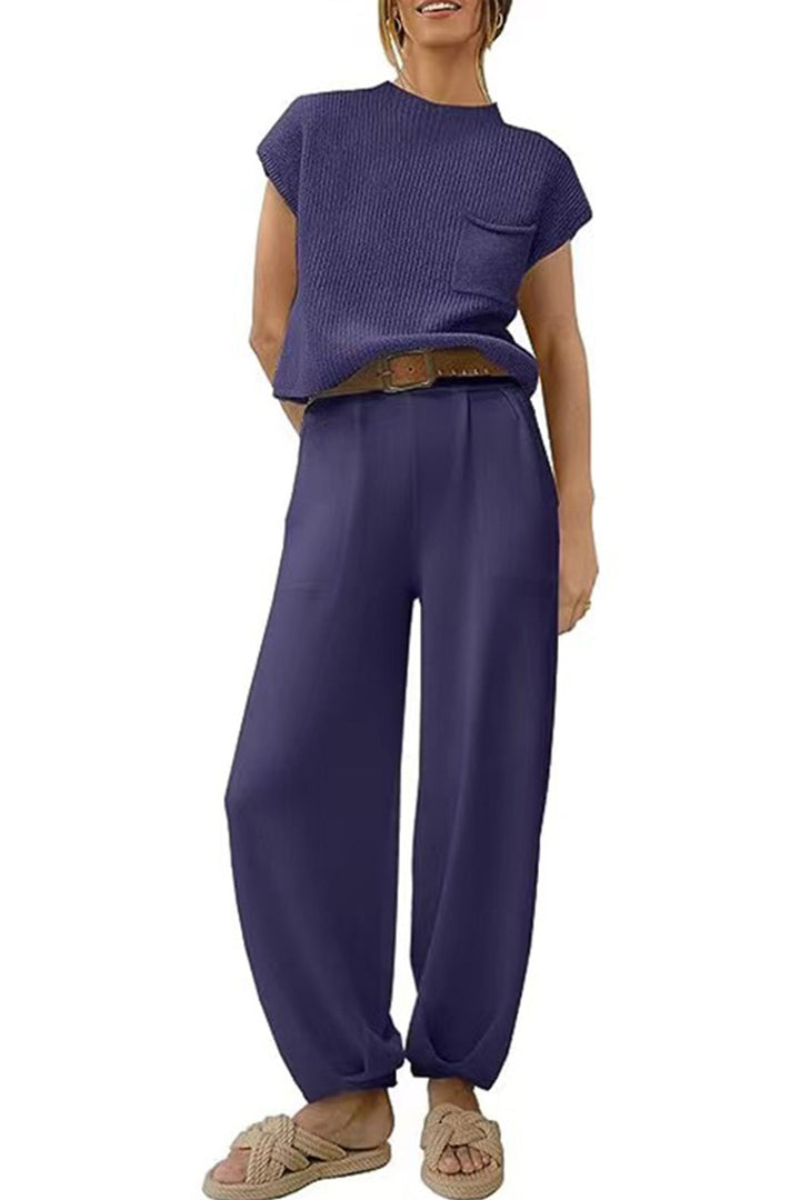 Ribbed Mock Neck T-shirt Pants Suits