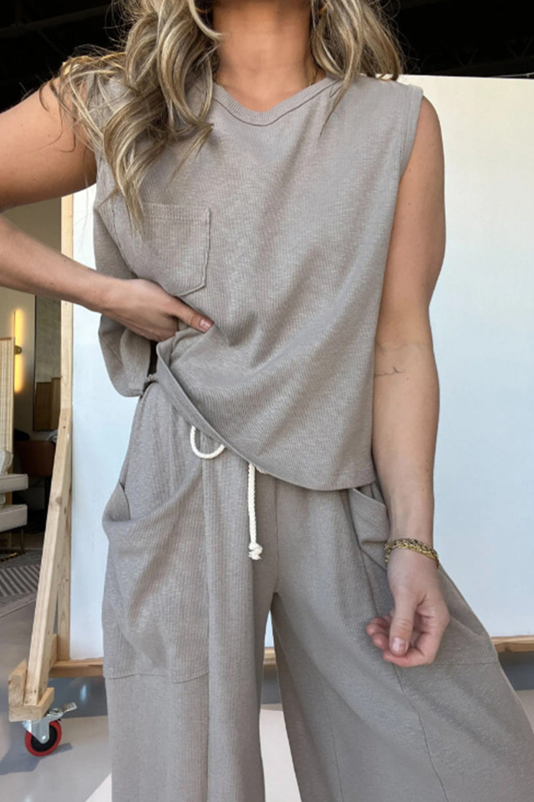Ribbed Tank Top Wide Leg Pants Set