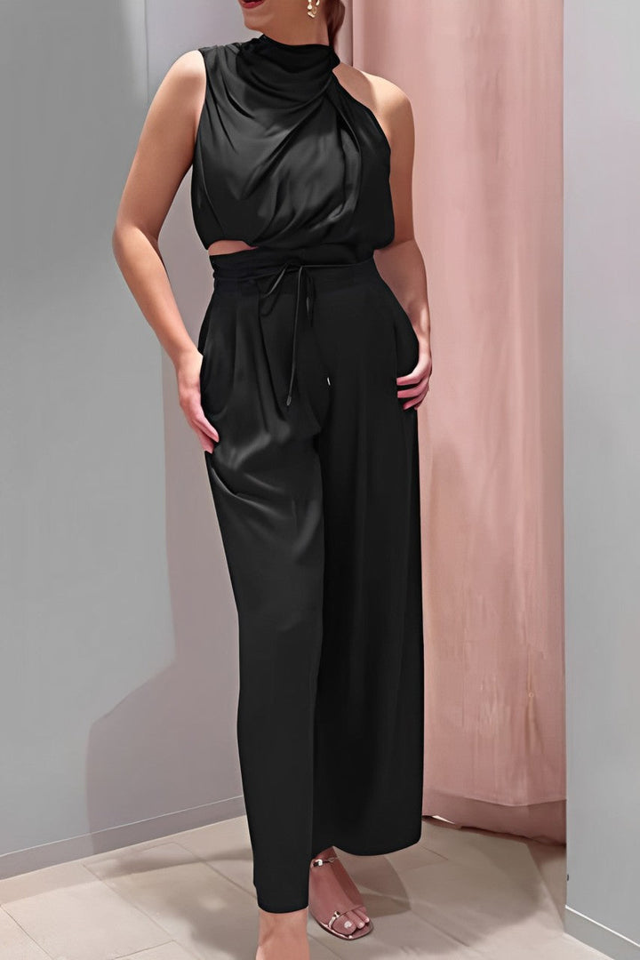 Satin Mock Neck Crop Top Pants Suits