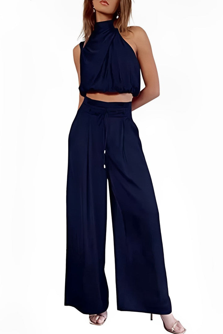 Satin Mock Neck Crop Top Pants Suits
