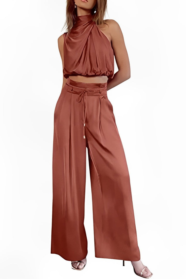 Satin Mock Neck Crop Top Pants Suits