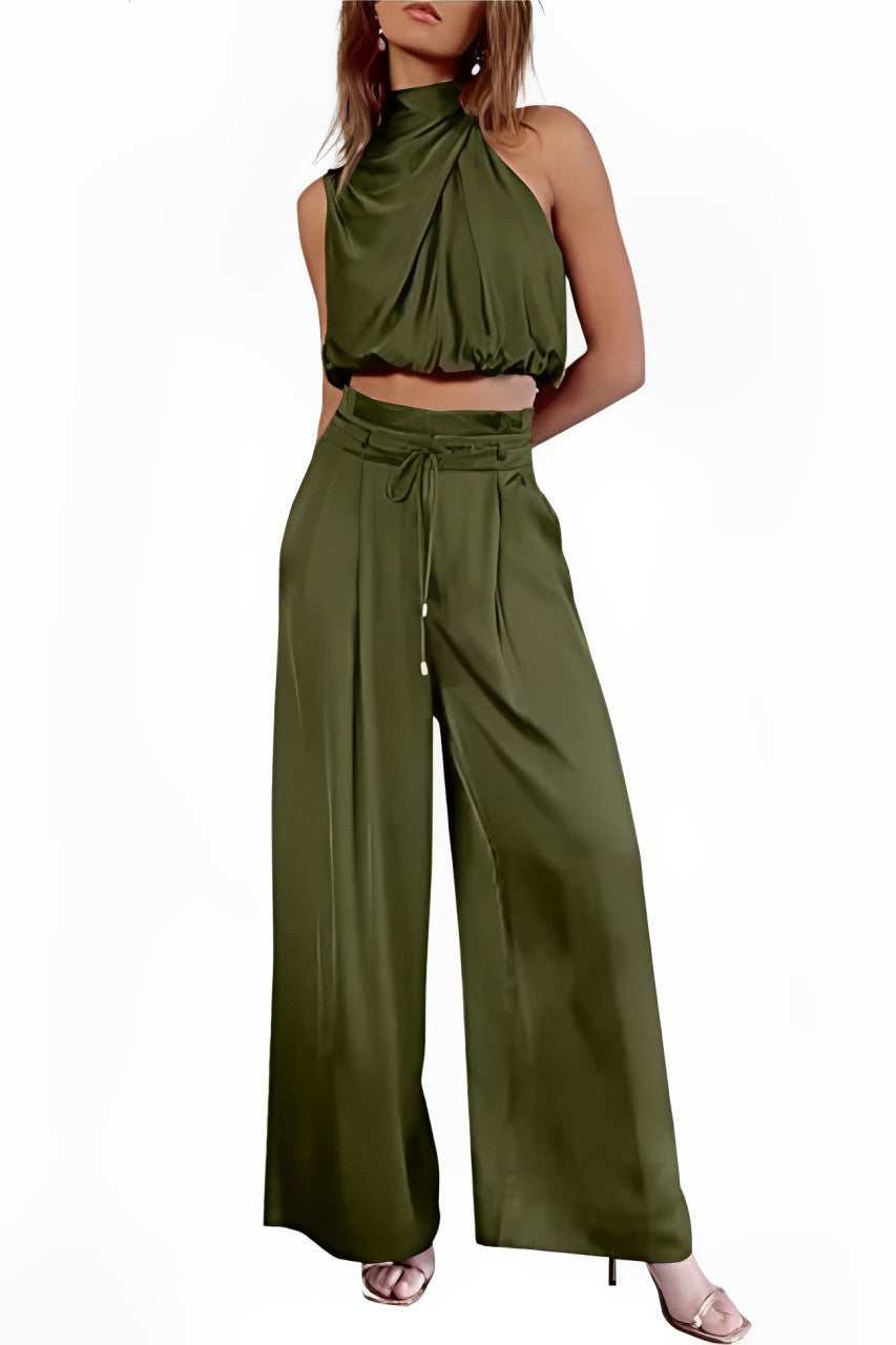 Satin Mock Neck Crop Top Pants Suits