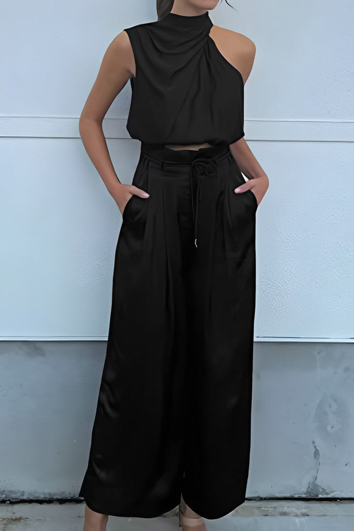 Satin Mock Neck Crop Top Pants Suits