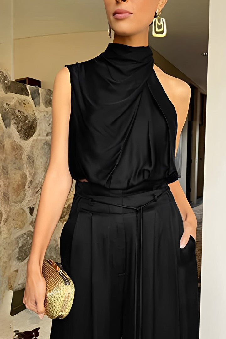Satin Mock Neck Crop Top Pants Suits