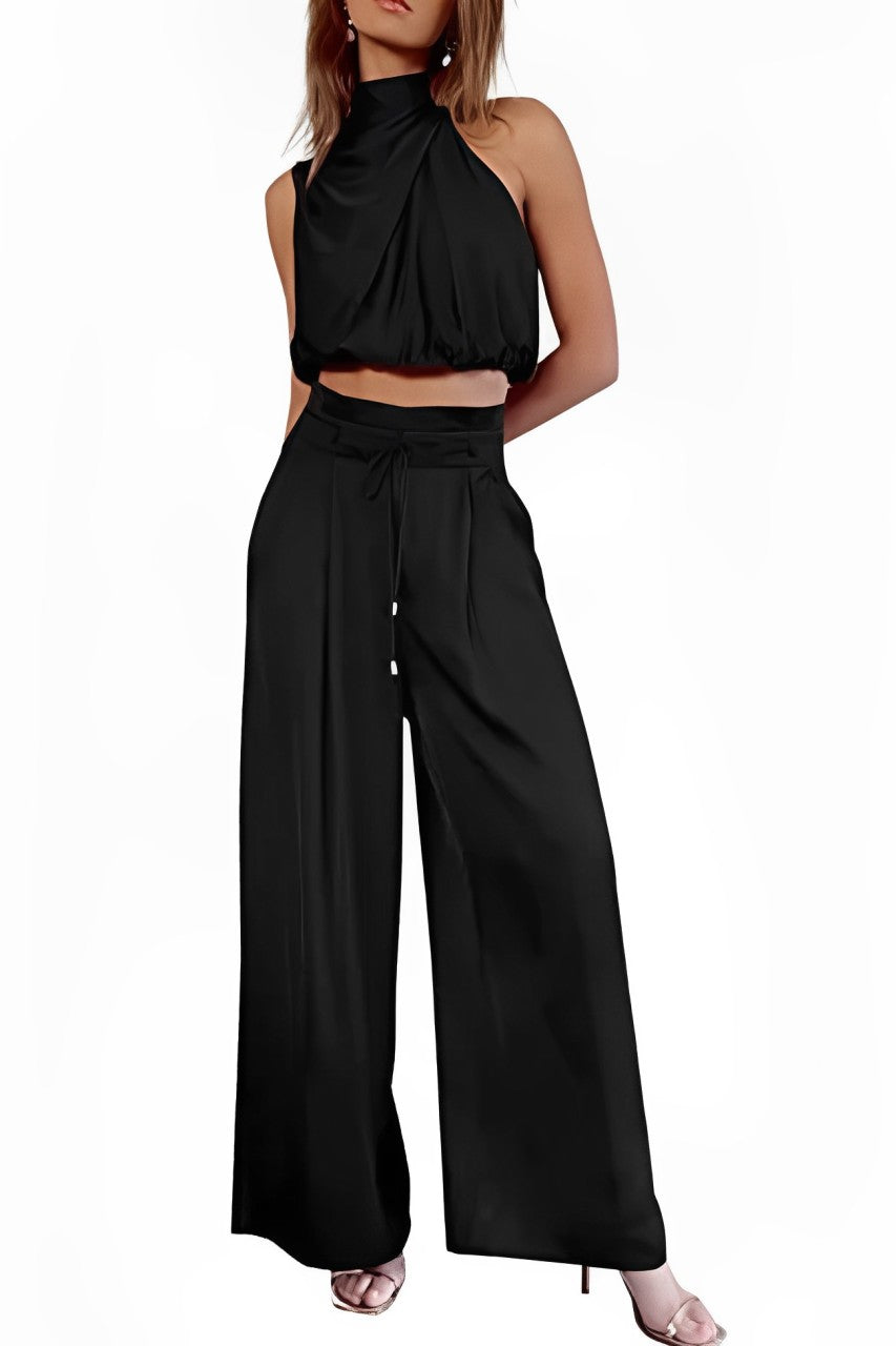 Satin Mock Neck Crop Top Pants Suits