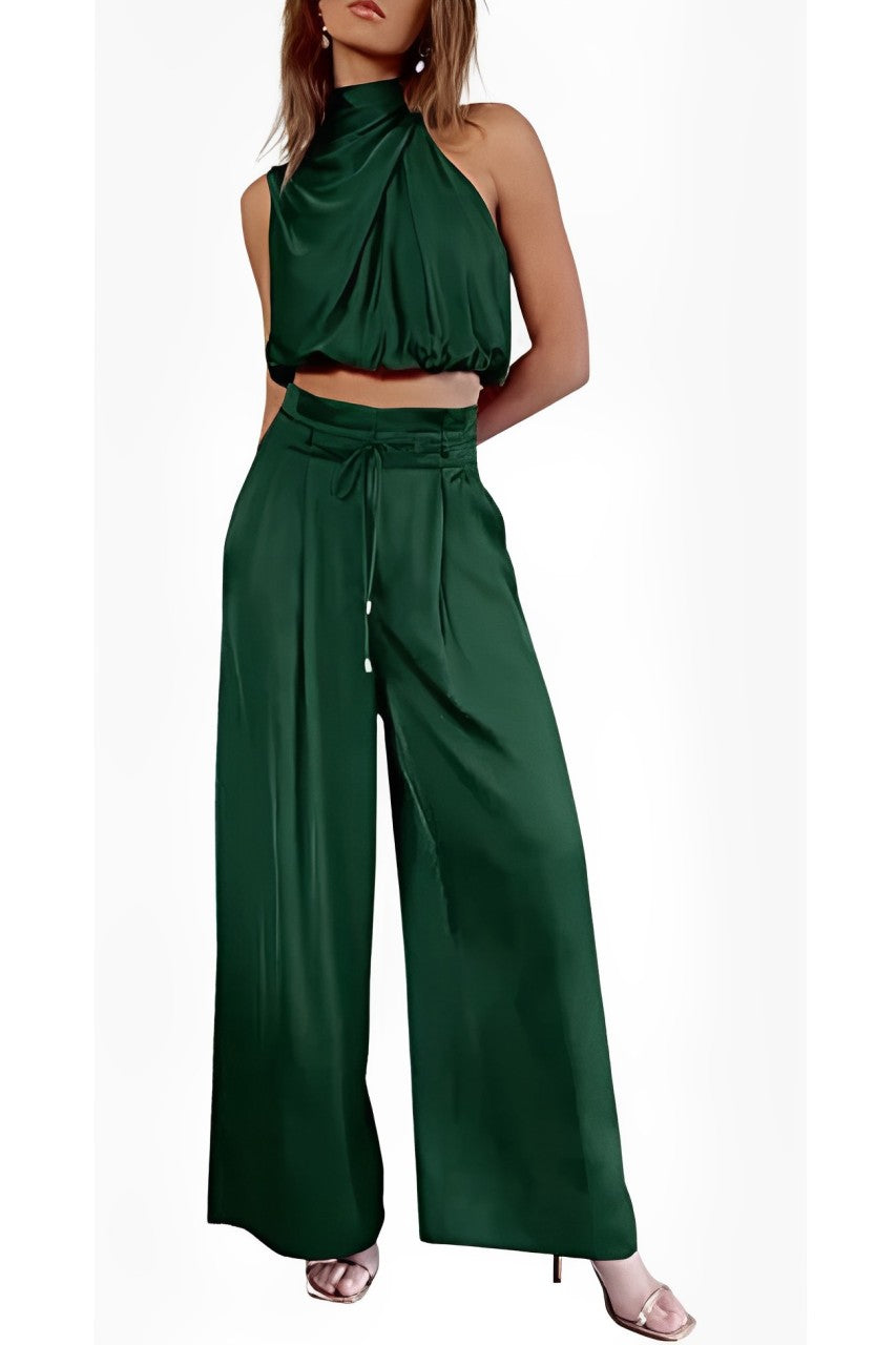 Satin Mock Neck Crop Top Pants Suits