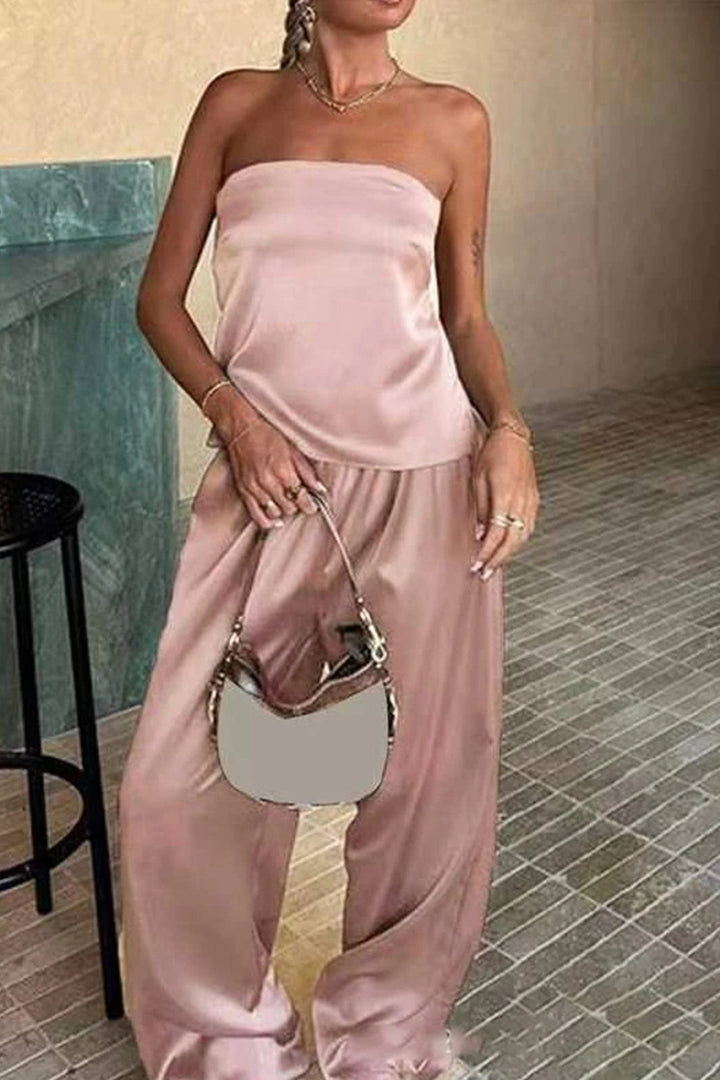 Satin Solid Tube Top Long Pants Suits