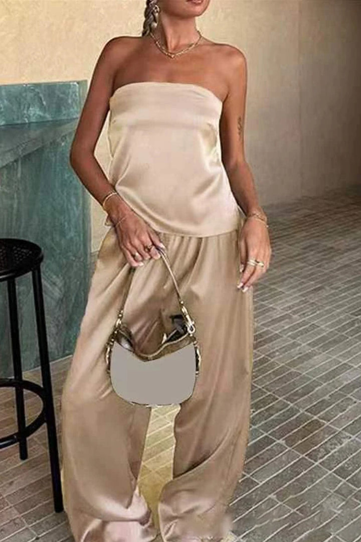 Satin Solid Tube Top Long Pants Suits