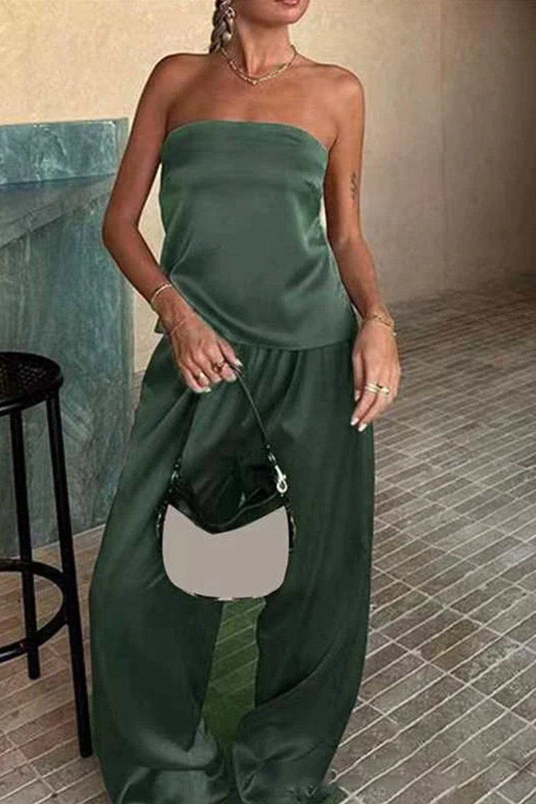 Satin Solid Tube Top Long Pants Suits