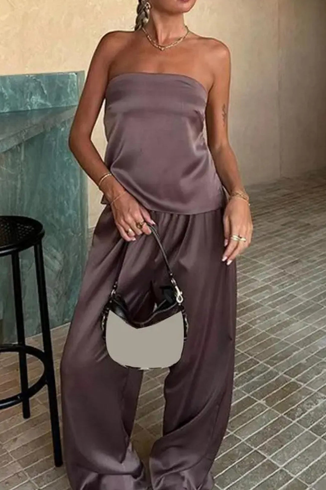 Satin Solid Tube Top Long Pants Suits