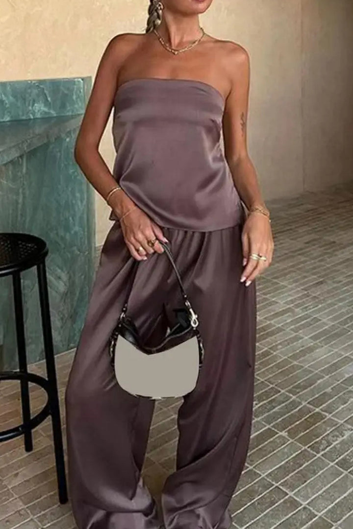 Satin Solid Tube Top Long Pants Suits