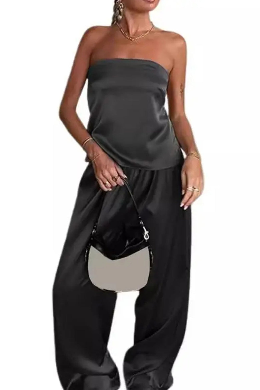 Satin Solid Tube Top Long Pants Suits