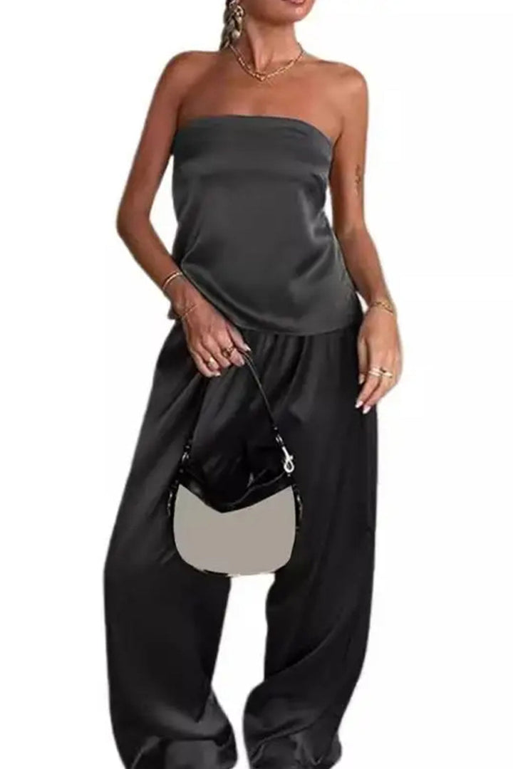 Satin Solid Tube Top Long Pants Suits