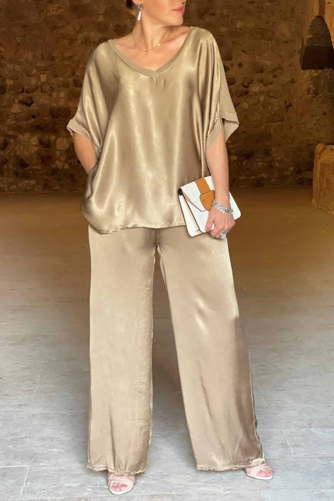Satin V Neck Half Sleeve Long Pant Set