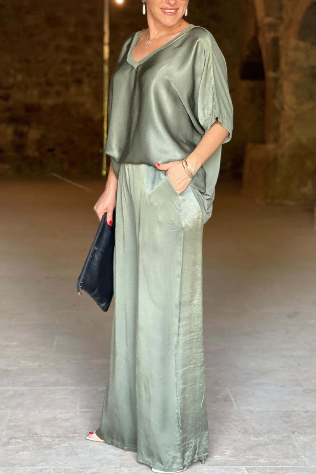 Satin V Neck Half Sleeve Long Pant Set