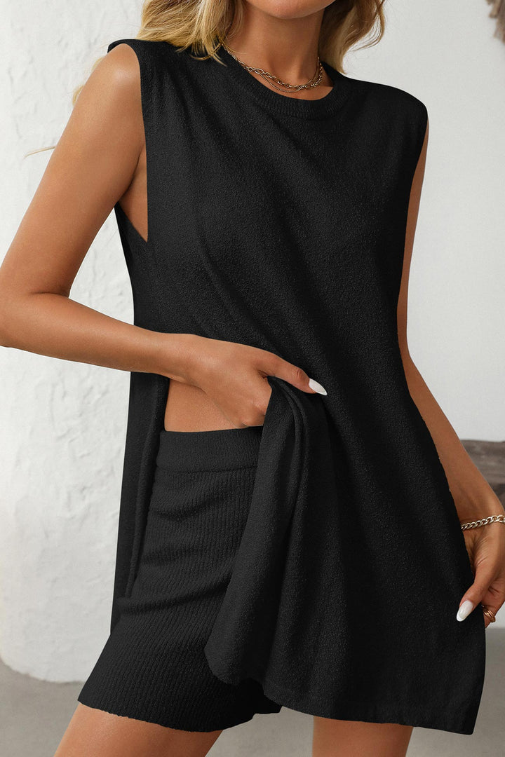 Solid Color Slit Knit Vest Shorts Set