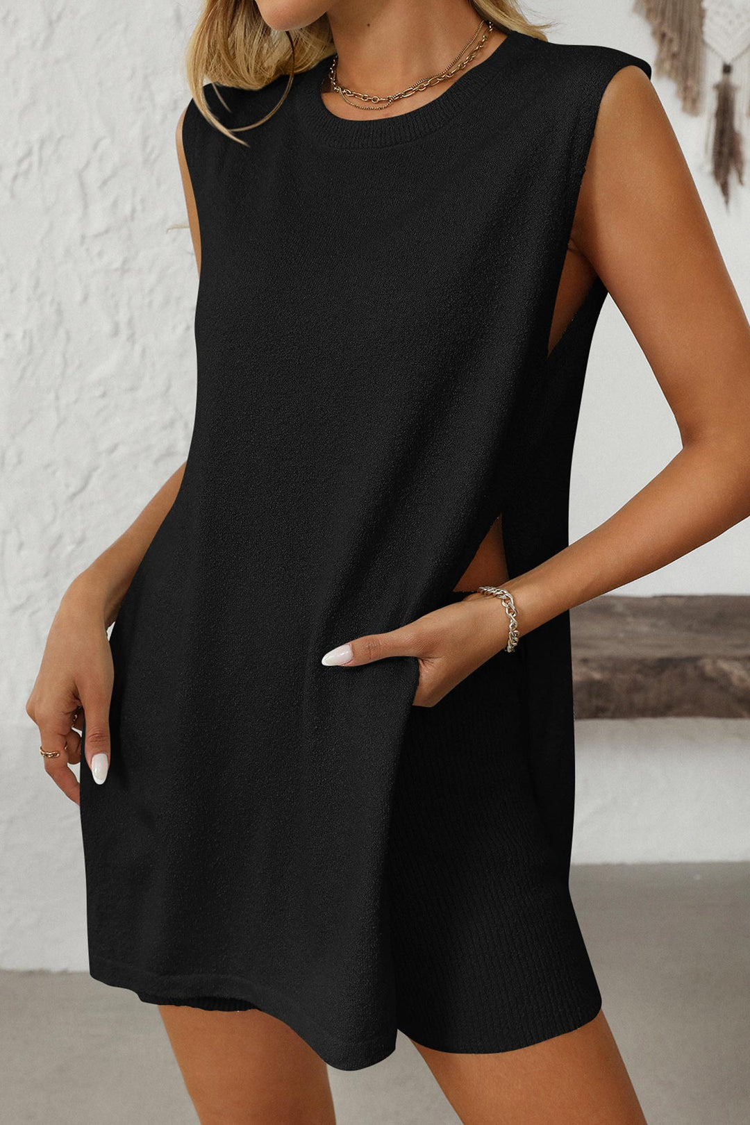 Solid Color Slit Knit Vest Shorts Set