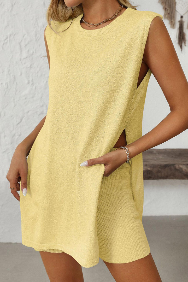 Solid Color Slit Knit Vest Shorts Set