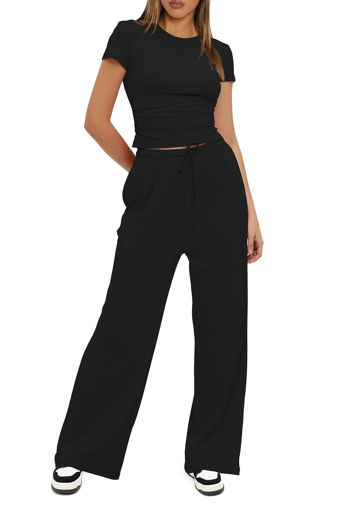 Solid Crew Neck Cotton T-shirt Pants Suits