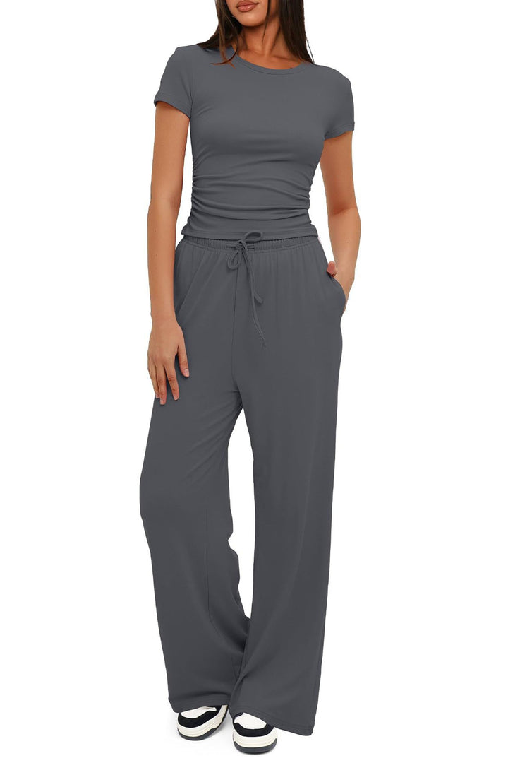 Solid Crew Neck Cotton T-shirt Pants Suits