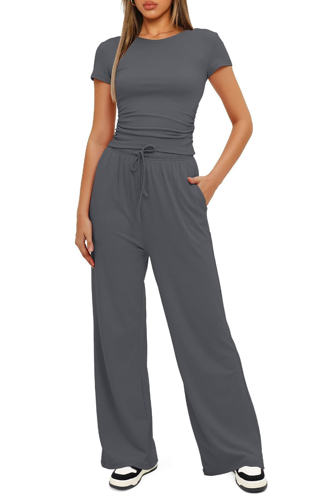 Solid Crew Neck Cotton T-shirt Pants Suits