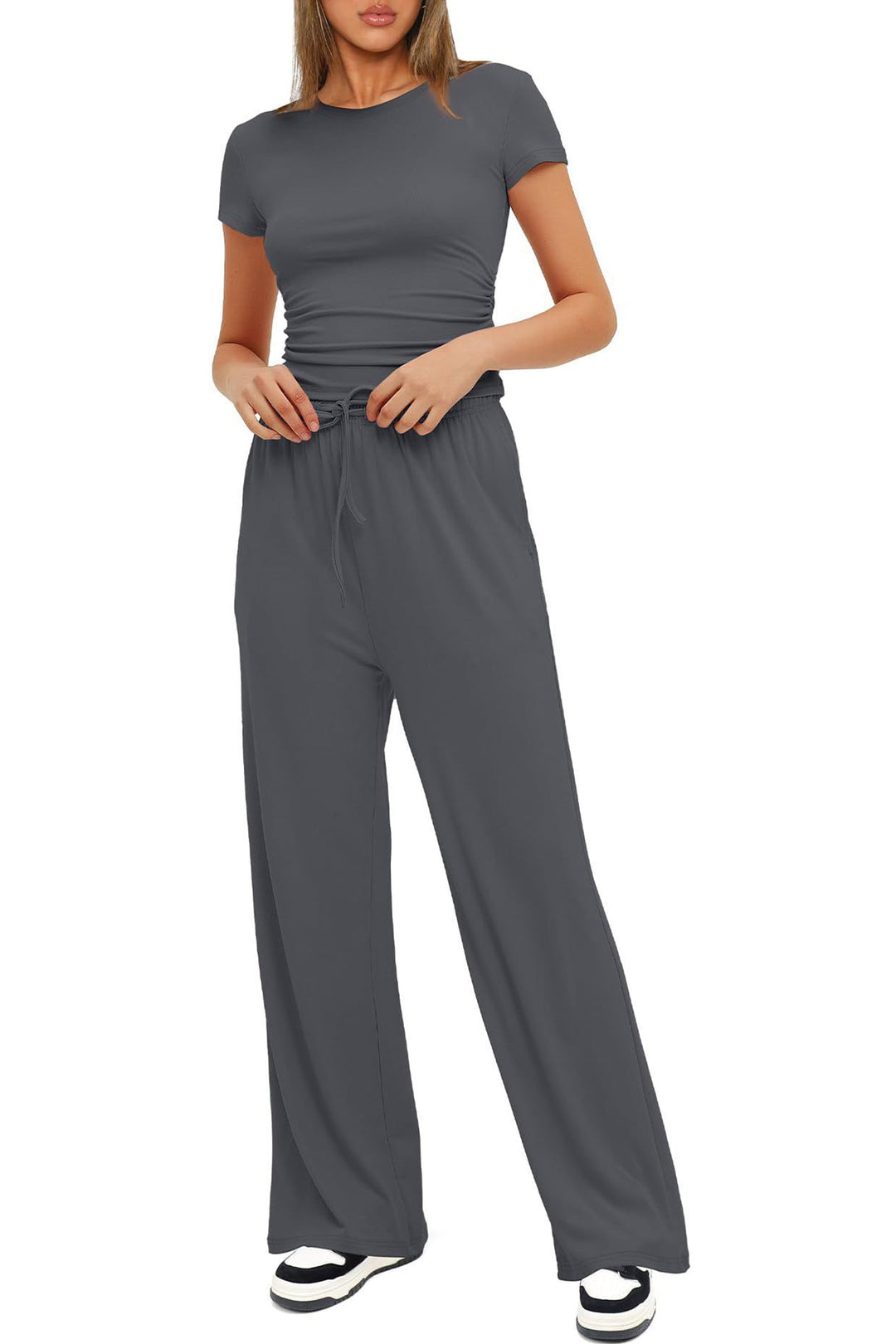 Solid Crew Neck Cotton T-shirt Pants Suits