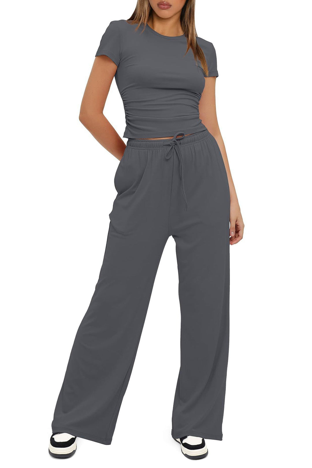 Solid Crew Neck Cotton T-shirt Pants Suits