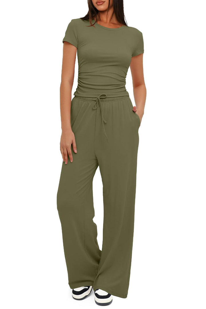 Solid Crew Neck Cotton T-shirt Pants Suits
