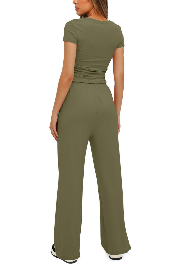 Solid Crew Neck Cotton T-shirt Pants Suits