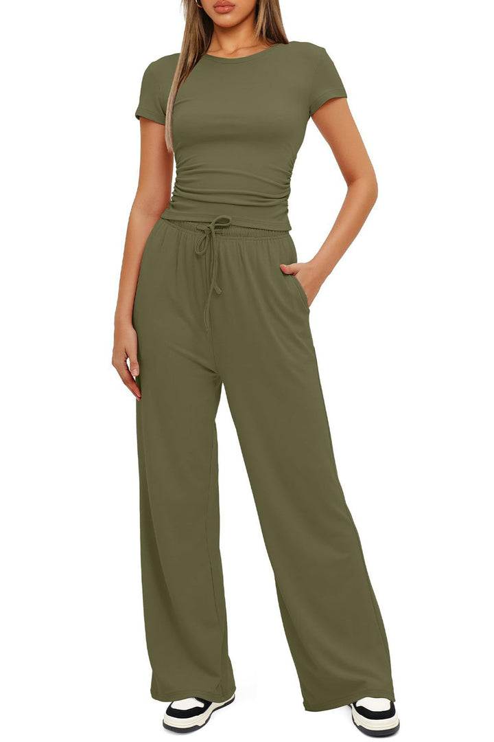 Solid Crew Neck Cotton T-shirt Pants Suits