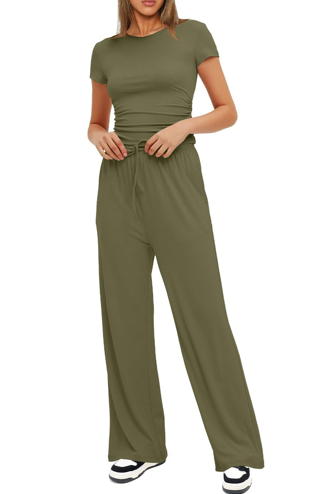 Solid Crew Neck Cotton T-shirt Pants Suits