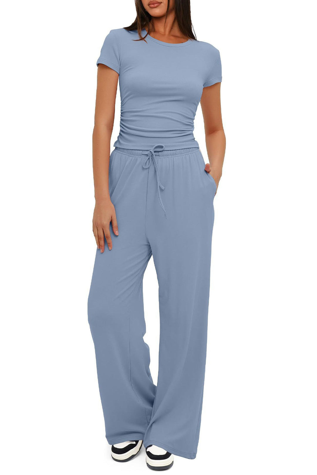 Solid Crew Neck Cotton T-shirt Pants Suits