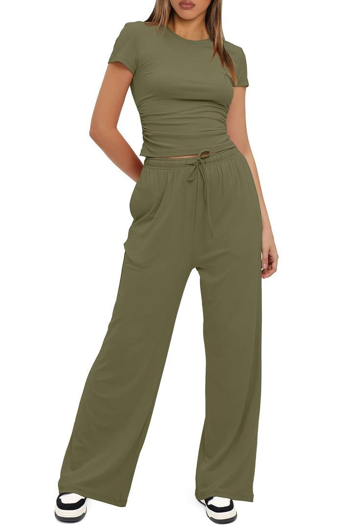 Solid Crew Neck Cotton T-shirt Pants Suits