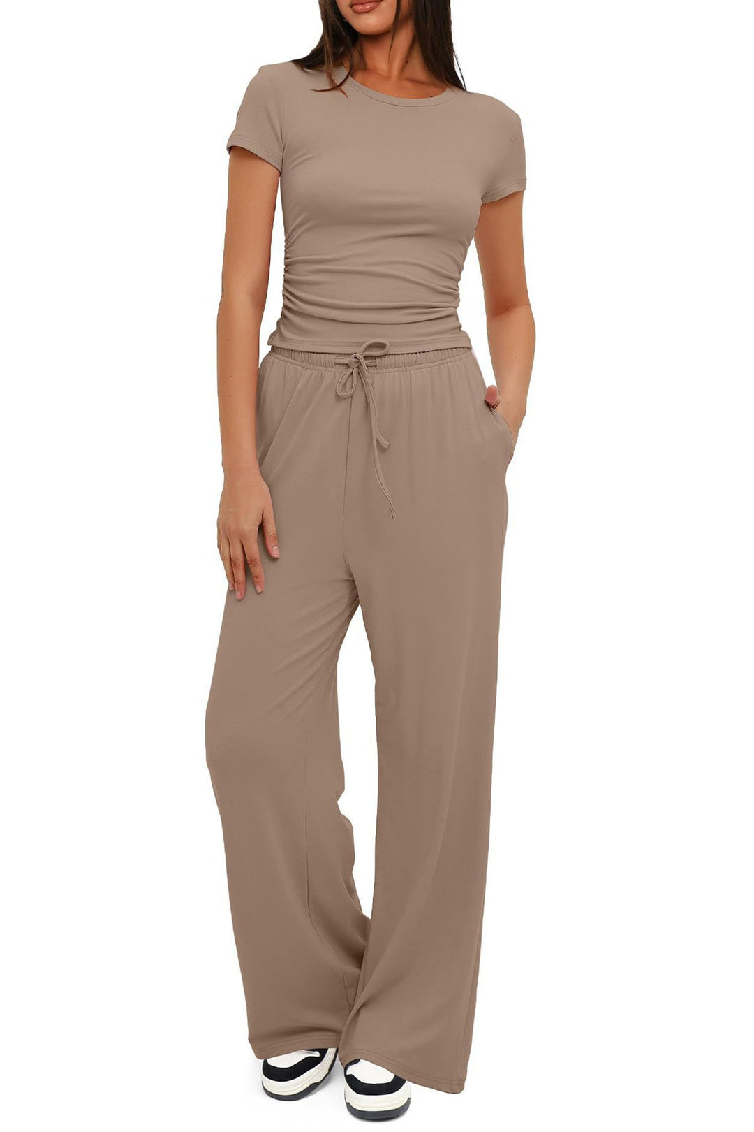 Solid Crew Neck Cotton T-shirt Pants Suits
