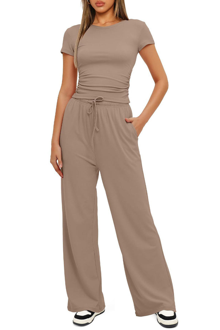 Solid Crew Neck Cotton T-shirt Pants Suits