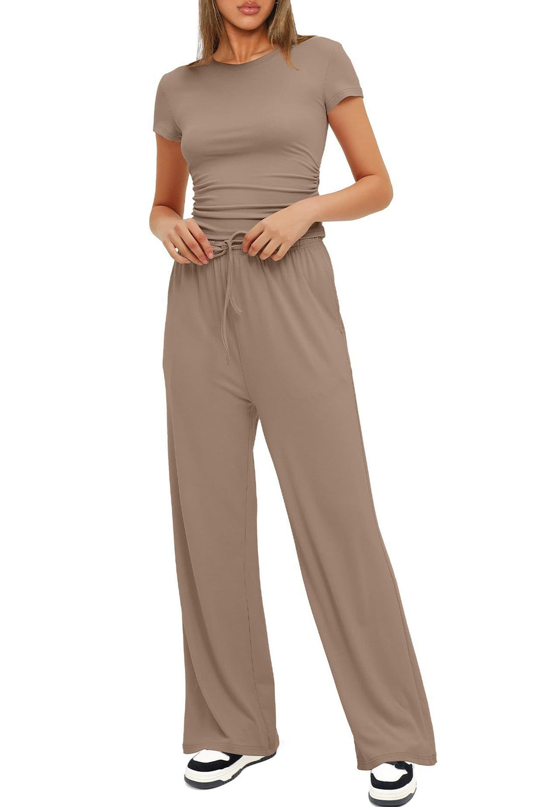 Solid Crew Neck Cotton T-shirt Pants Suits