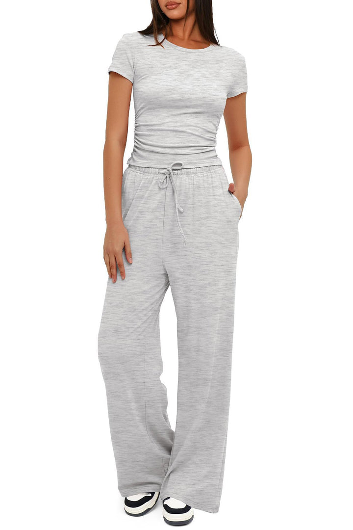 Solid Crew Neck Cotton T-shirt Pants Suits